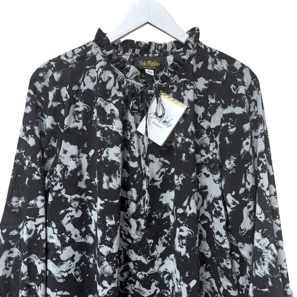 BOB MACKIE Blouse Large Black Artsy Print Tie Neck Long Sleeve Womens Top NWT - Picture 2 of 11